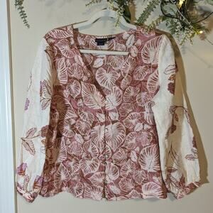 Tahari Linen Boho Leaf Print Tropical Lightweight Long Sleeve Blouse